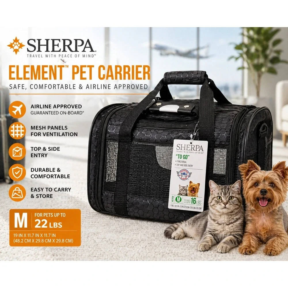 Sherpa Carrier To Go Medium Black Pet Travel Bag Airline‎ Approved 16810
